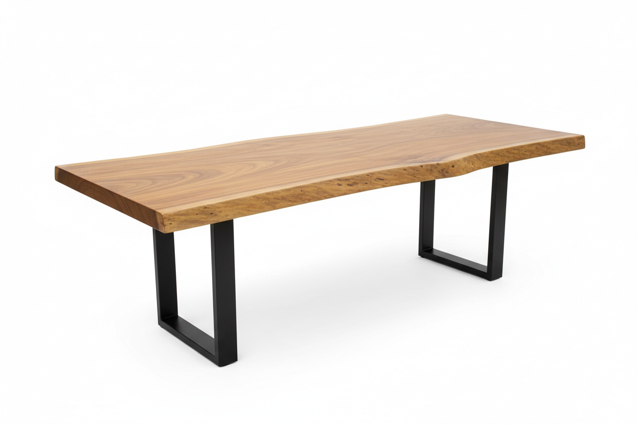 Mesa de Madeira Nobre Pequiá 1m com bordas orgânicas e pés metálicos preto fosco